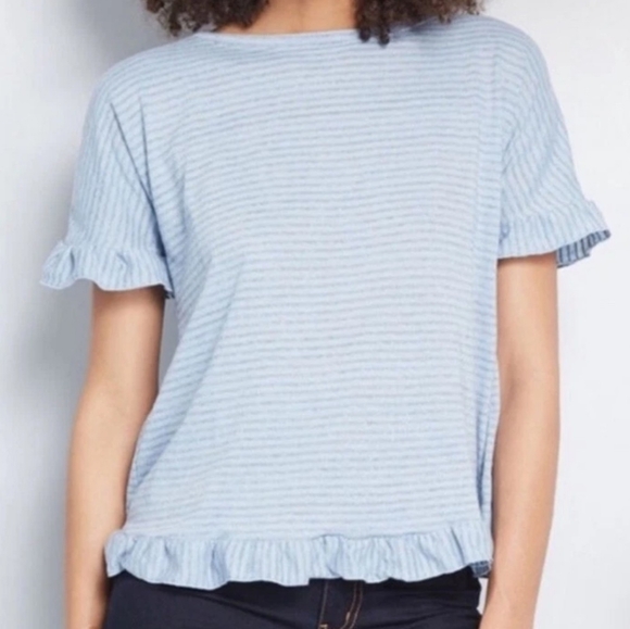 Modcloth Blue & Black Striped Ruffled Crossover Tee NWT - Picture 1 of 9